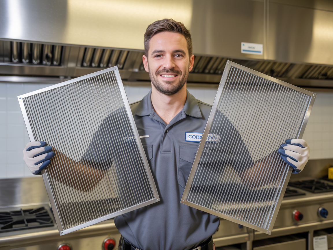 Professional clean stainless steel baffle filters ready for installation